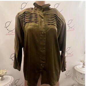 Vizio. Sz Small+. Designer. Olive Drab. Pleated. Rayon Cotton. Blouse. B127